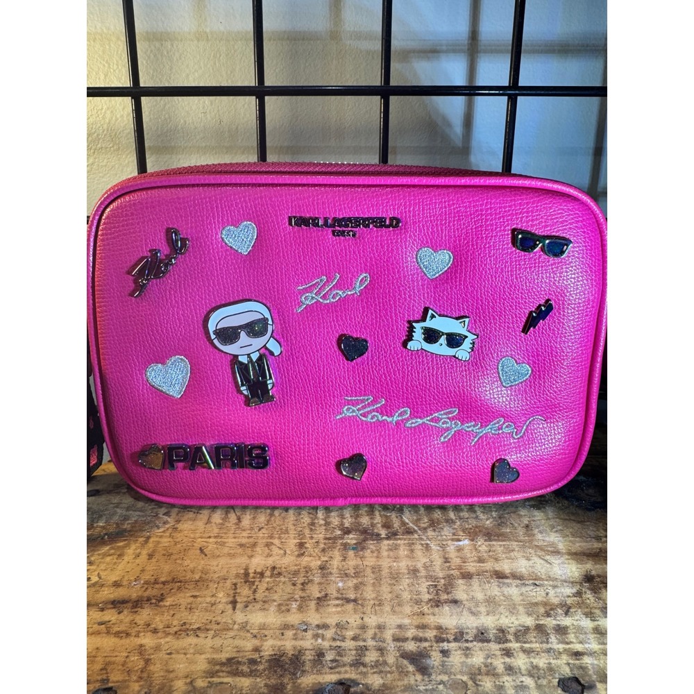 Karl Lagerfeld Paris Fuschia Pink Novelty Patch Crossbody Bag LH5EK9BJ New
